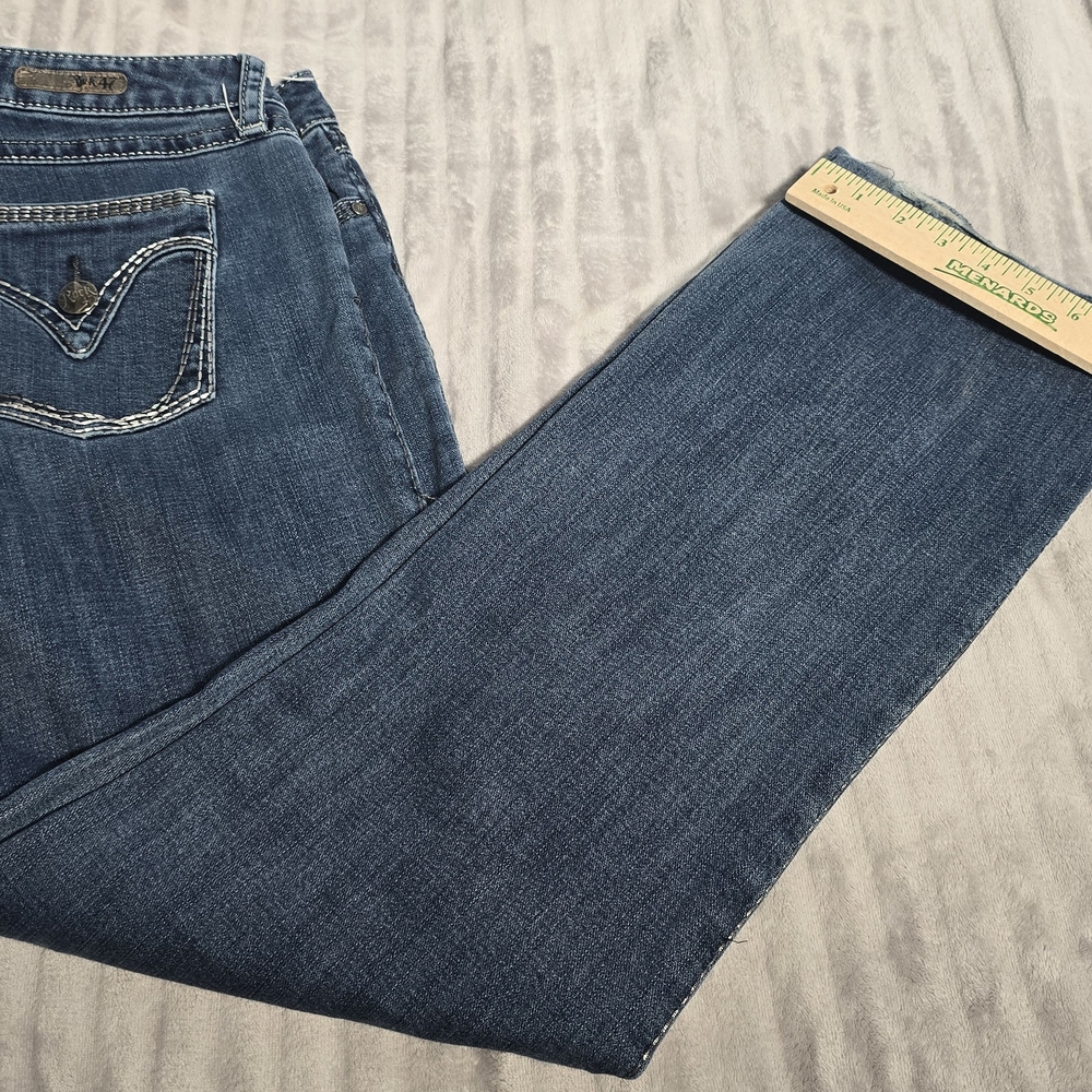 Rock 47 Wrangler Women’s Flare Jeans 35x32 Blue Thick Stitch Western. 565